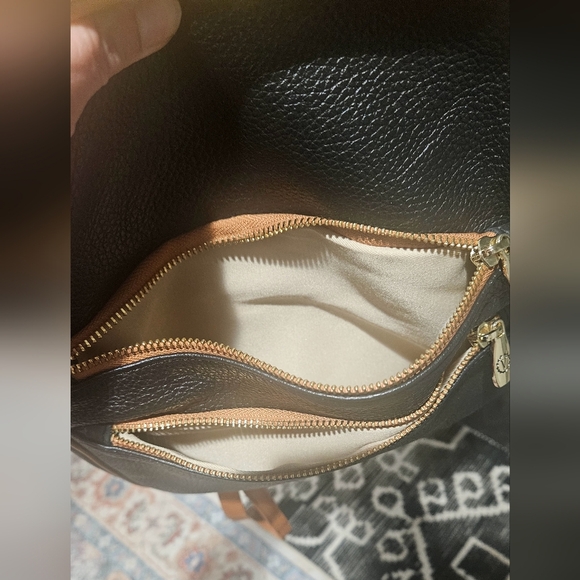 VALENTINA Leather Sling Triple Compartment Bookbag In Black With Tan Trim. - Picture 15 of 16